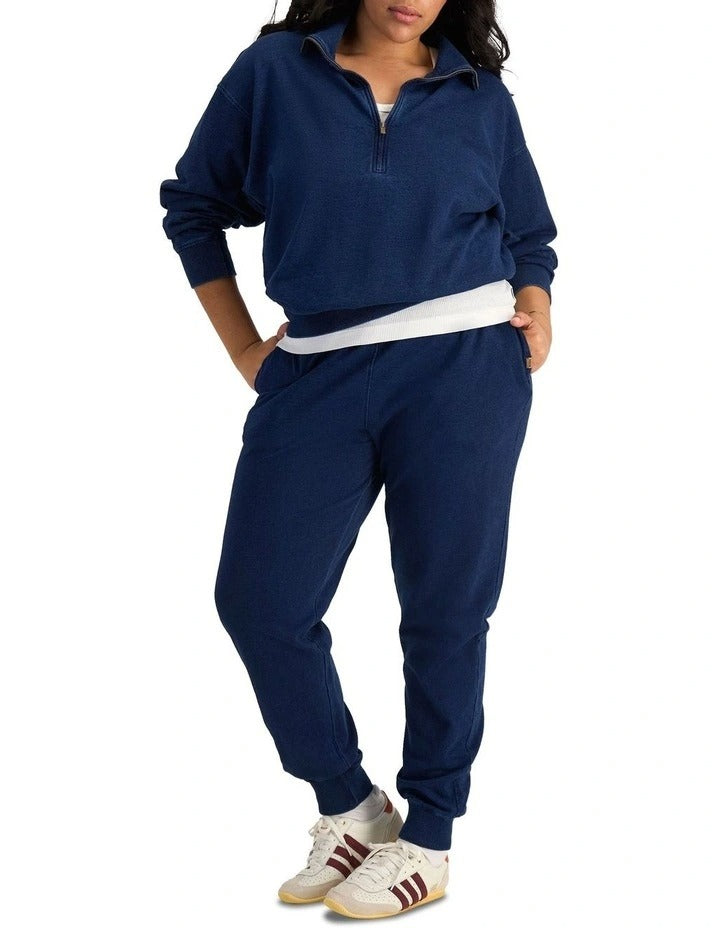 Bonds Denim Wash Half Zip Pullover in Sea Blue Denim casual half zip sweatshirt