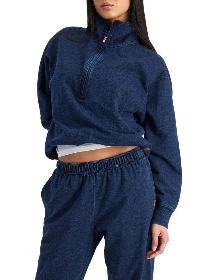Bonds Denim Wash Half Zip Pullover in Sea Blue Denim casual half zip sweatshirt