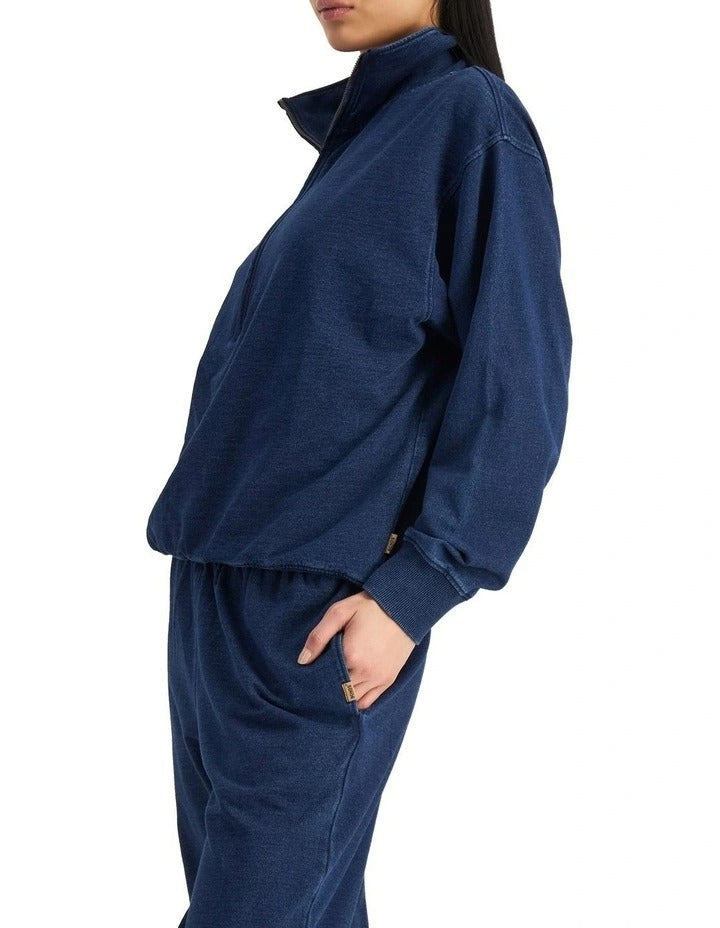Bonds Denim Wash Half Zip Pullover in Sea Blue Denim casual half zip sweatshirt