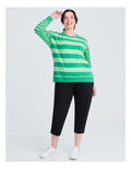Taking Shape Cotton Stripe Mix Sweatshirt in Lush Green featuring round neckline, ribbed cuffs, striped design, and long sleeves for plus size fashionistas.