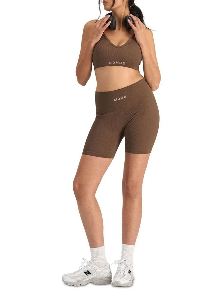 Bonds Move Rib Seamless Crop Bra in Espresso Martini, view 4