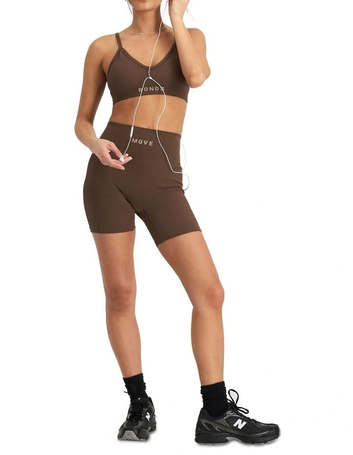 Bonds Move Rib Seamless Crop Bra in Espresso Martini, view 5