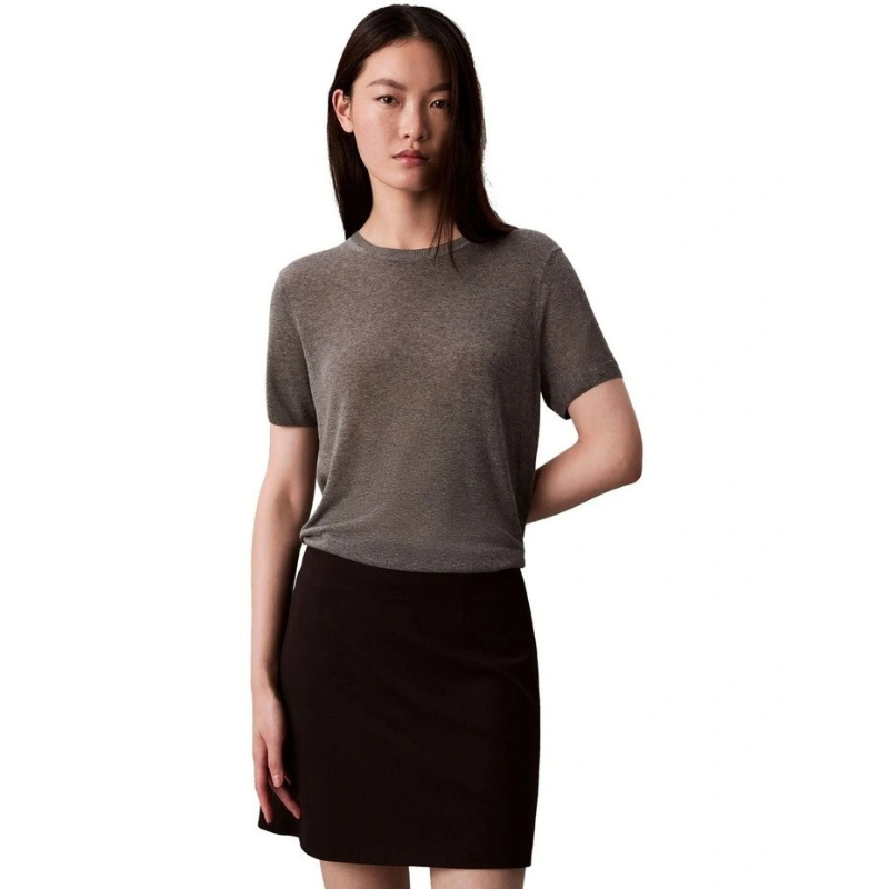 Calvin Klein Women  Fine Gauge Viscose Short Sleeve Sweater in Grey Heather