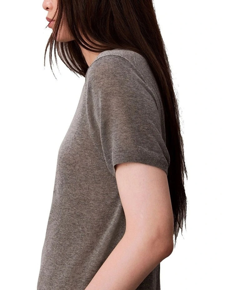 Calvin Klein Women  Fine Gauge Viscose Short Sleeve Sweater in Grey Heather, view 3