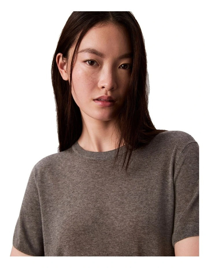 Calvin Klein Women  Fine Gauge Viscose Short Sleeve Sweater in Grey Heather, view 5
