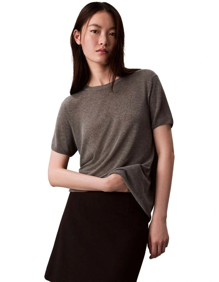 Calvin Klein Women  Fine Gauge Viscose Short Sleeve Sweater in Grey Heather, view 6