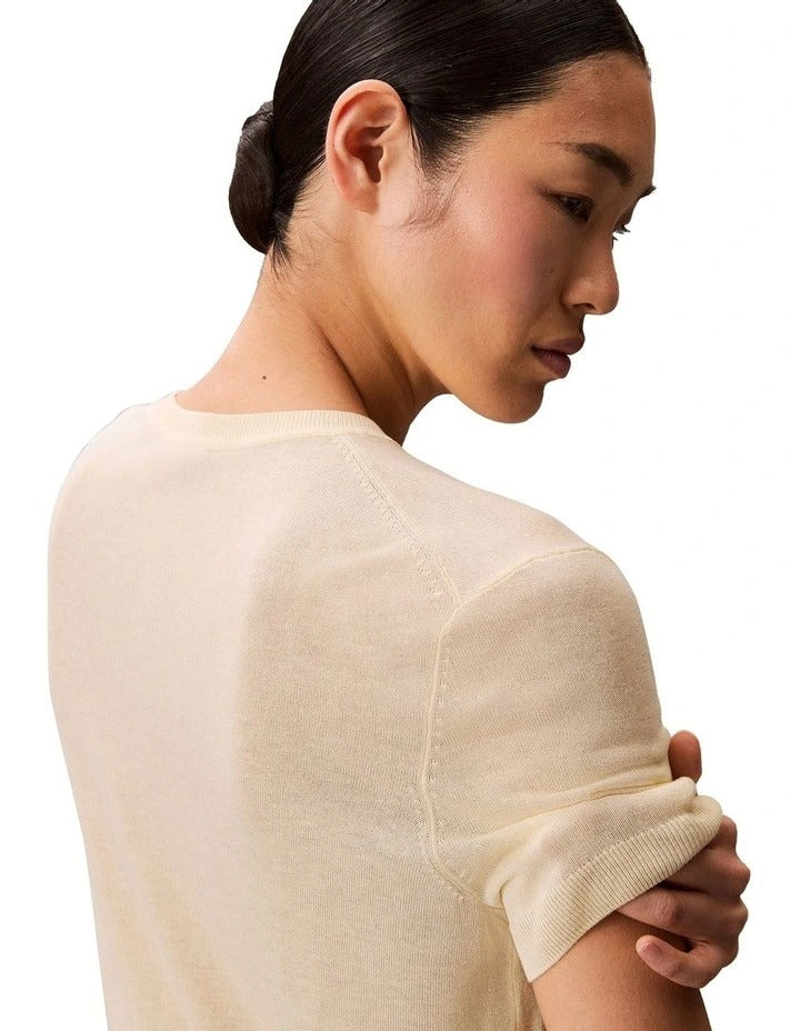 Calvin Klein Women  Fine Gauge Viscose Short Sleeve Sweater in Buttercream, view 3
