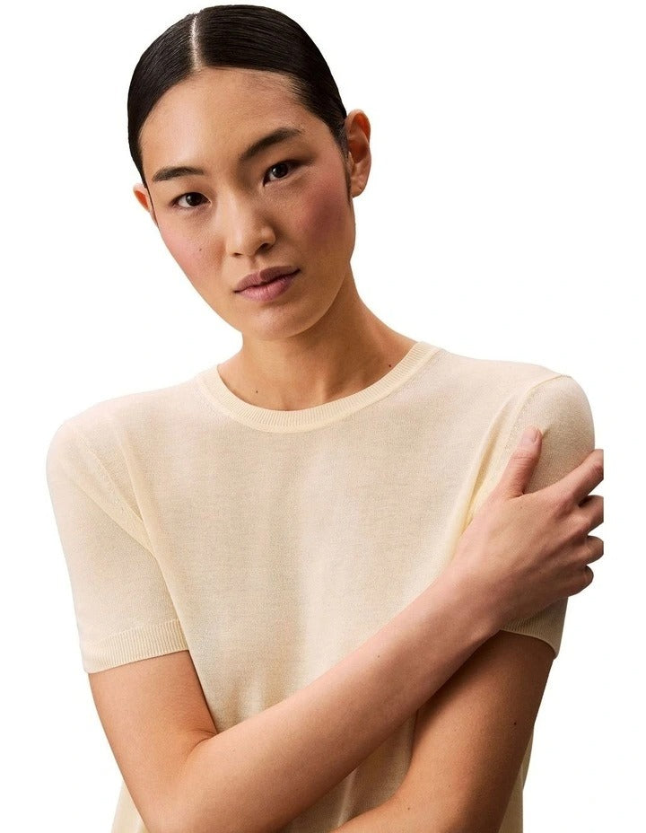 Calvin Klein Women  Fine Gauge Viscose Short Sleeve Sweater in Buttercream, view 4
