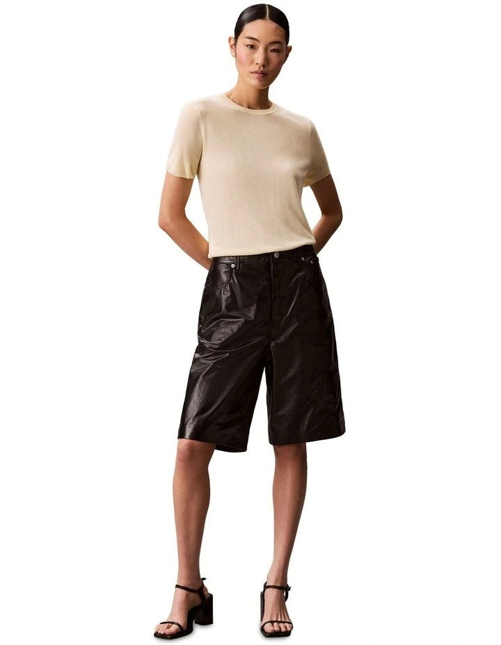 Calvin Klein Women  Fine Gauge Viscose Short Sleeve Sweater in Buttercream, view 5