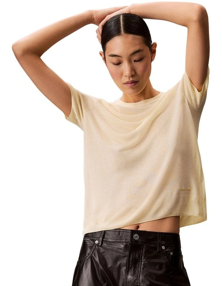 Calvin Klein Women  Fine Gauge Viscose Short Sleeve Sweater in Buttercream, view 6
