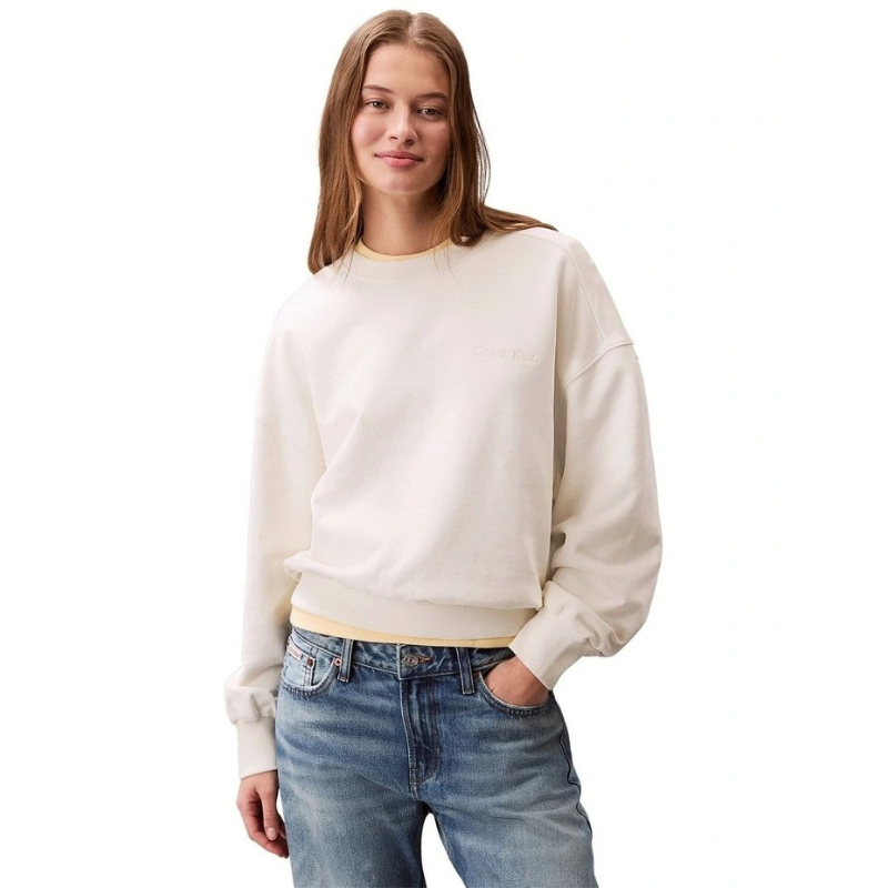 Calvin Klein Women  Embroided Logo French Terry Crewneck Jumper in Beige
