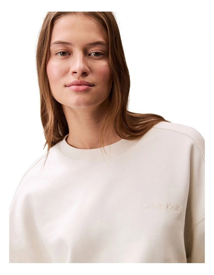 Calvin Klein Women  Embroided Logo French Terry Crewneck Jumper in Beige, view 4