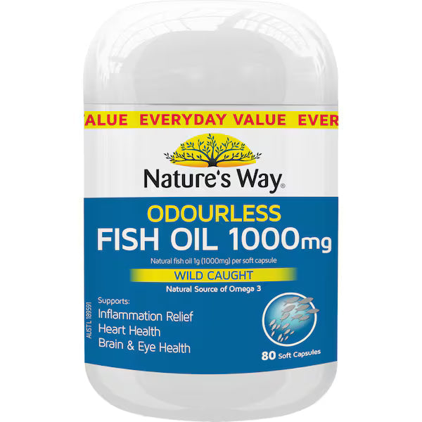 Nature's Way Odourless Fish Oil 1000mg softgel capsules 80 pack bottle, high-strength omega-3 supplement for heart, brain, and joint health.