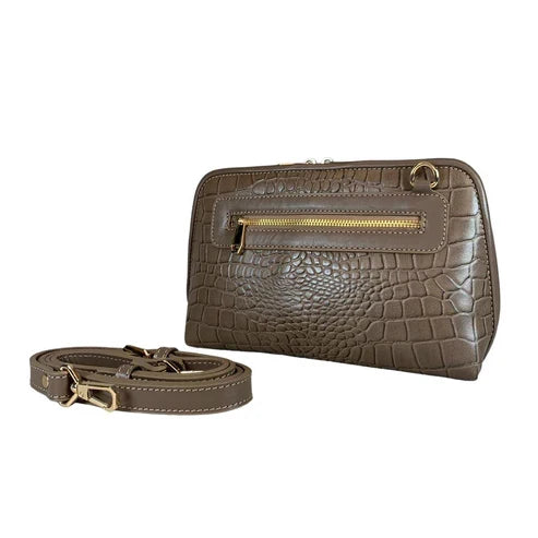 Leather Clutch Bag Shoulder Bag Khaki Crocodile Style