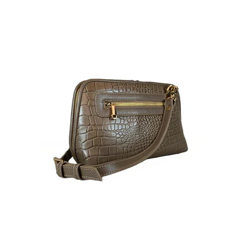 LeatherLuxe Khaki Crocodile-Style Leather Clutch and Shoulder Bag – Elegant Crossbody Handbag for Women