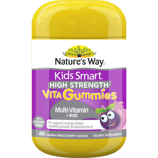 Nature's Way Kids Smart Vita Gummies Multivit + Iron Pastilles 40 pack, tasty multivitamins with iron for children's health and immunity.