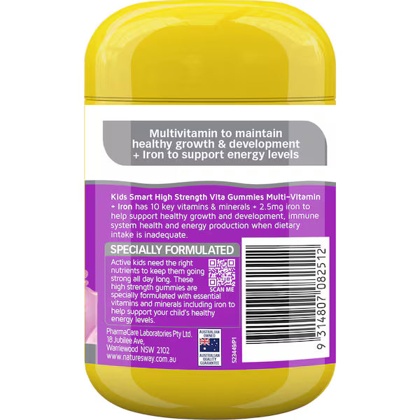 Nature's Way Kids Smart Vita Gummies Multivit + Iron Pastilles 40 pack, tasty multivitamins with iron for children's health and immunity.