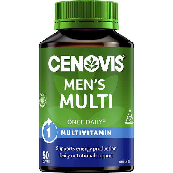 Cenovis Men's Once Daily Multivitamin Capsules 50 pack — men’s multivitamin supplement supporting energy, immunity, and overall health.