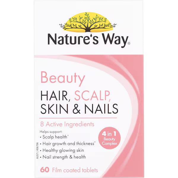 Nature's Way Beauty Hair Scalp Skin & Nails Tablets 60 pack for healthy hair, skin, and nails.