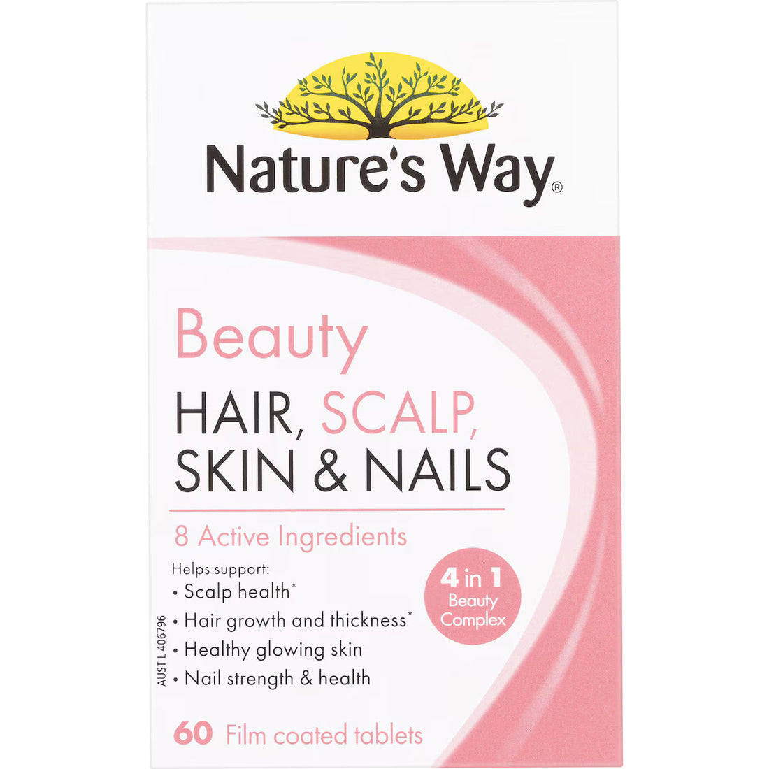 Nature's Way Beauty Hair Scalp Skin & Nails Tablets 60 Pack – vitamin and mineral supplement for healthy hair growth, glowing skin, and strong nails in a white and pink bottle.