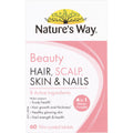 Nature's Way Beauty Hair Scalp Skin & Nails Tablets 60 Pack – vitamin and mineral supplement for healthy hair growth, glowing skin, and strong nails in a white and pink bottle.