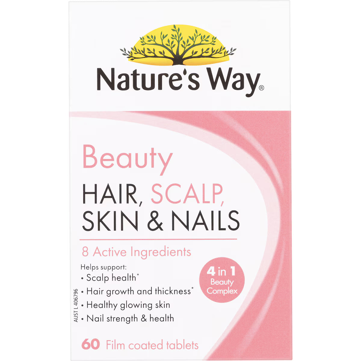 Nature's Way Beauty Hair Scalp Skin & Nails Tablets 60 Pack – vitamin and mineral supplement for healthy hair growth, glowing skin, and strong nails in a white and pink bottle.