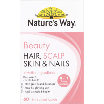 Nature's Way Beauty Hair Scalp Skin & Nails Tablets 60 Pack – vitamin and mineral supplement for healthy hair growth, glowing skin, and strong nails in a white and pink bottle.