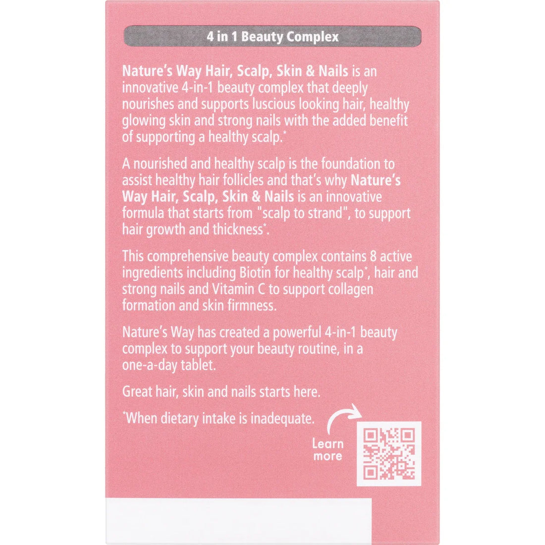 Nature's Way Beauty Hair Scalp Skin & Nails Tablets 60 Pack – vitamin and mineral supplement for healthy hair growth, glowing skin, and strong nails in a white and pink bottle.