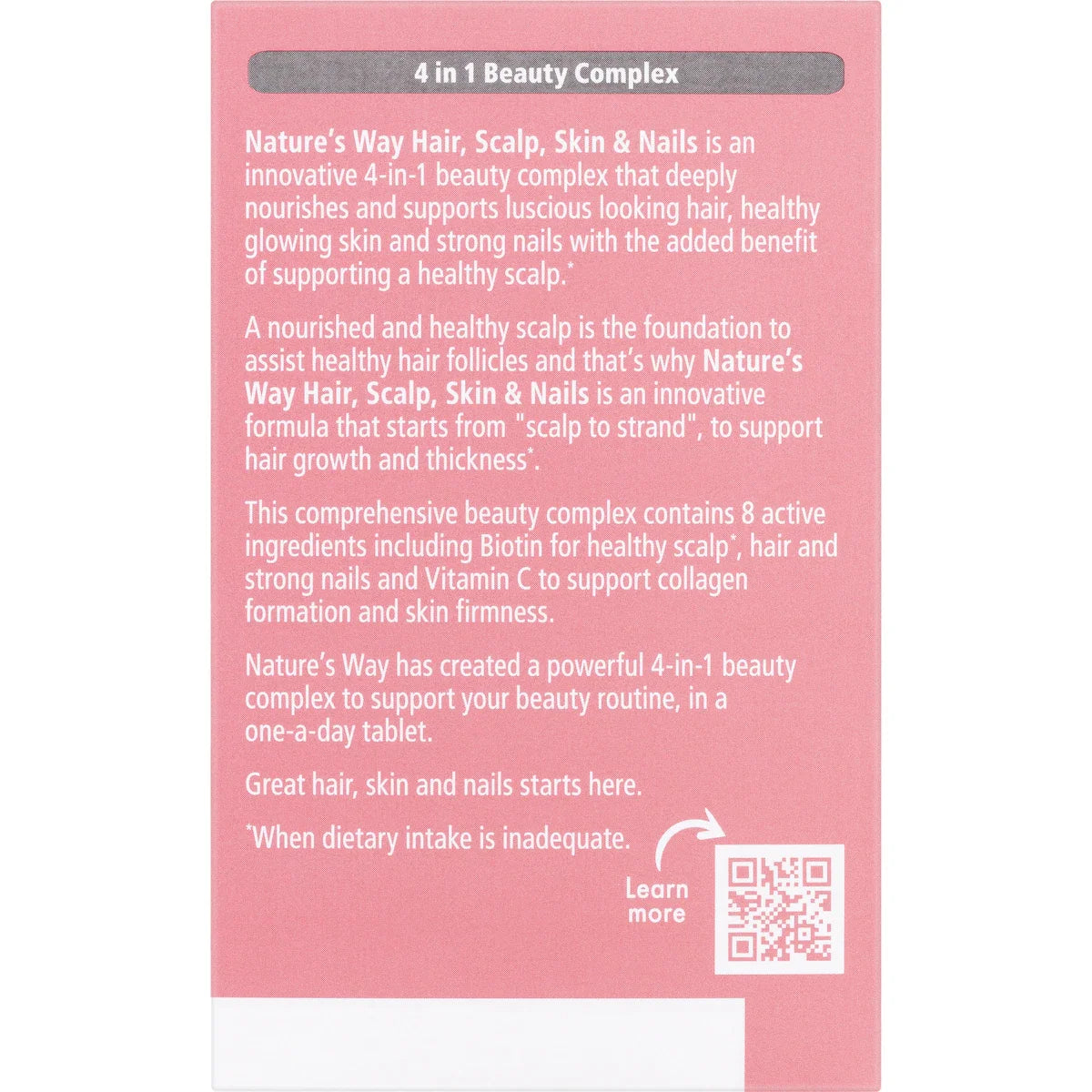Nature's Way Beauty Hair Scalp Skin & Nails Tablets 60 Pack – vitamin and mineral supplement for healthy hair growth, glowing skin, and strong nails in a white and pink bottle.