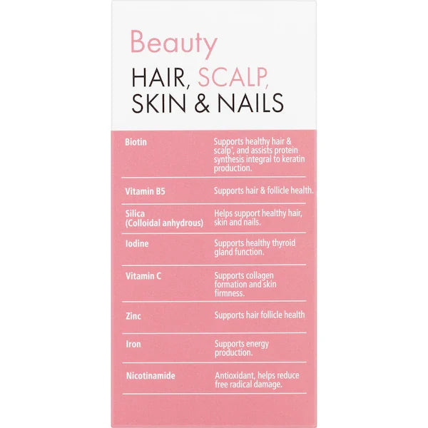 Nature's Way Beauty Hair Scalp Skin & Nails Tablets 60 Pack – vitamin and mineral supplement for healthy hair growth, glowing skin, and strong nails in a white and pink bottle.