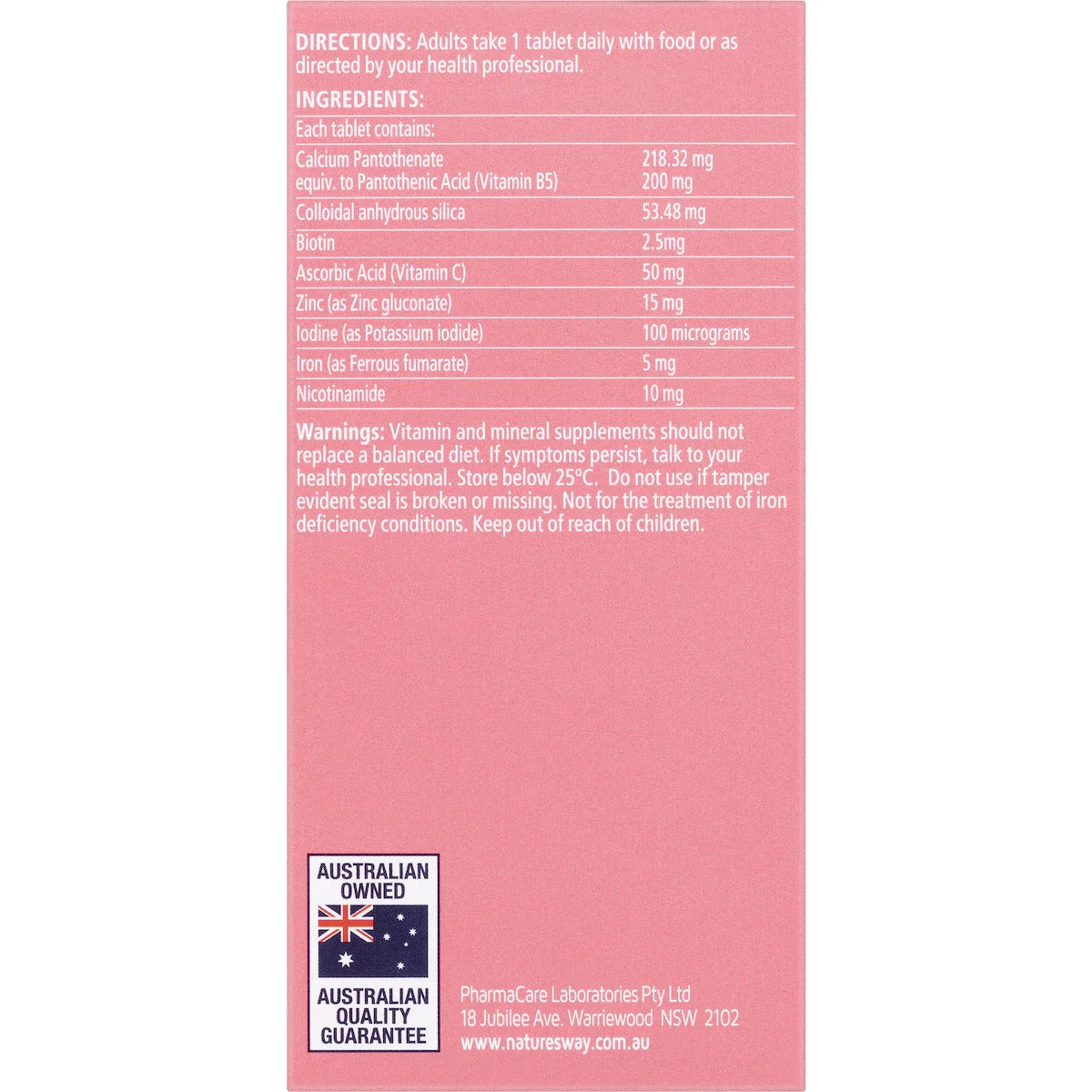 Nature's Way Beauty Hair Scalp Skin & Nails Tablets 60 Pack – vitamin and mineral supplement for healthy hair growth, glowing skin, and strong nails in a white and pink bottle.