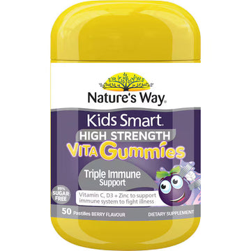 Nature’s Way Kids Smart High Strength Vita Gummies Triple Immune Support 50 pack – children’s immune system supplement with vitamin C, zinc, and elderberry, tasty chewable gummies in a bottle.