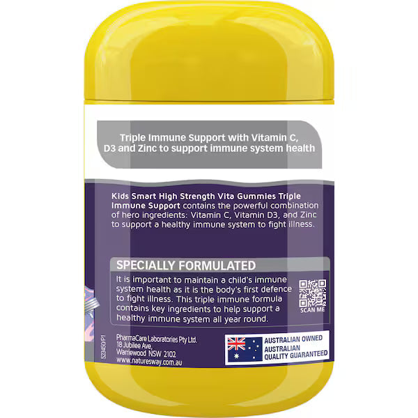 Nature’s Way Kids Smart High Strength Vita Gummies Triple Immune Support 50 pack – children’s immune system supplement with vitamin C, zinc, and elderberry, tasty chewable gummies in a bottle.