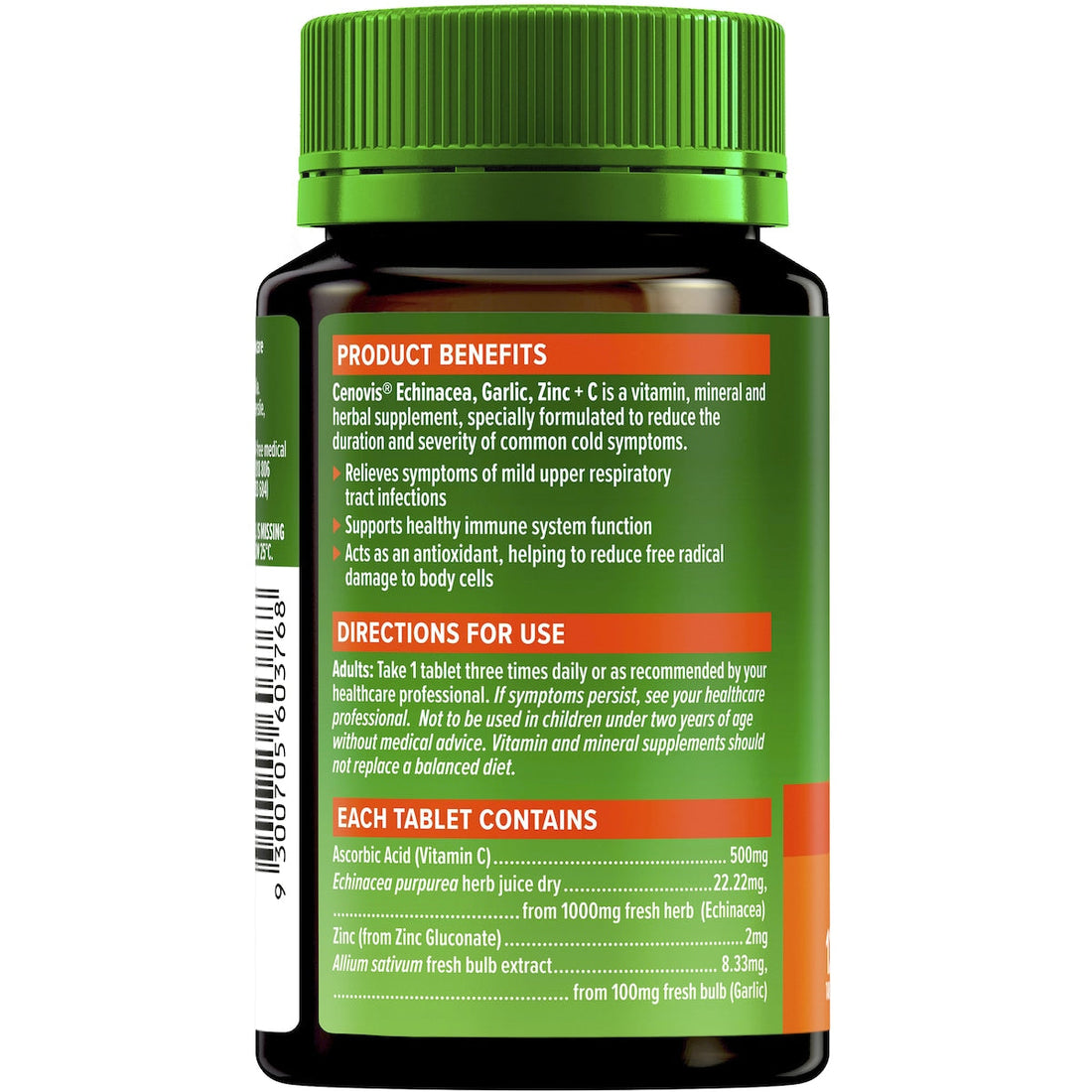 Cenovis Echinacea Garlic Zinc & Vitamin C tablets 125 pack – immune support supplement for health and wellness.