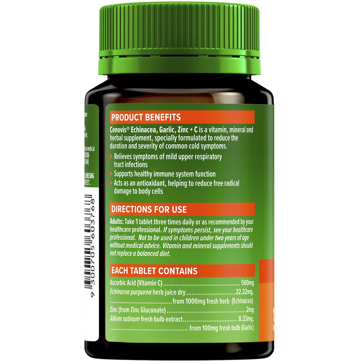 Cenovis Echinacea Garlic Zinc & Vitamin C tablets 125 pack – immune support supplement for health and wellness.