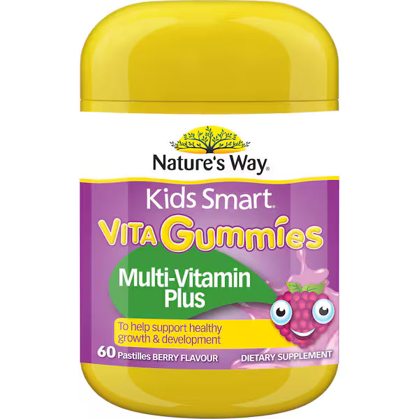 Nature's Way Kids Smart Vita Gummies Multi + Vegies 60 Pack – colorful children’s multivitamin gummies with added vegetable nutrients in a clear plastic jar.