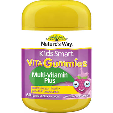 Nature's Way Kids Smart Vita Gummies Multi + Vegies 60 Pack – colorful children’s multivitamin gummies with added vegetable nutrients in a clear plastic jar.