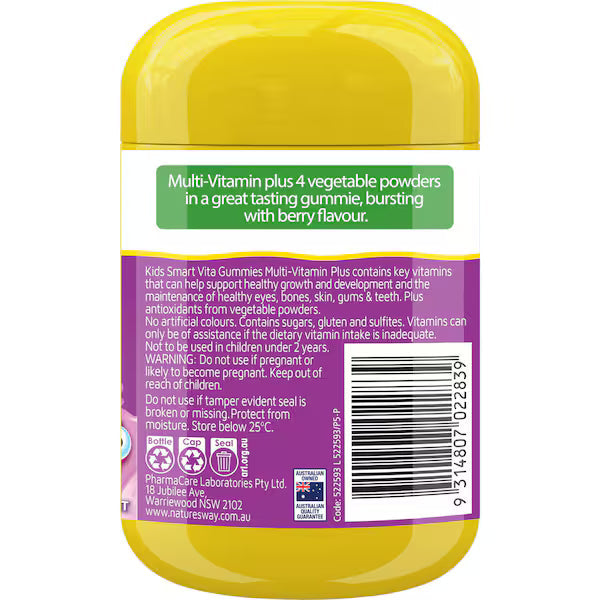 Nature's Way Kids Smart Vita Gummies Multi + Vegies 60 Pack – colorful children’s multivitamin gummies with added vegetable nutrients in a clear plastic jar.