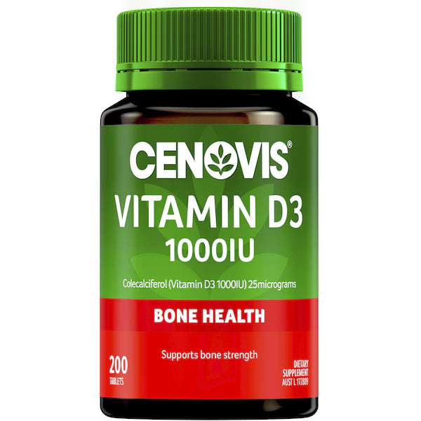 Cenovis Vitamin D 1000IU Tablets D3 for Bone Health 200 Pack bottle — vitamin D supplement for strong bones, immune support, and calcium absorption.