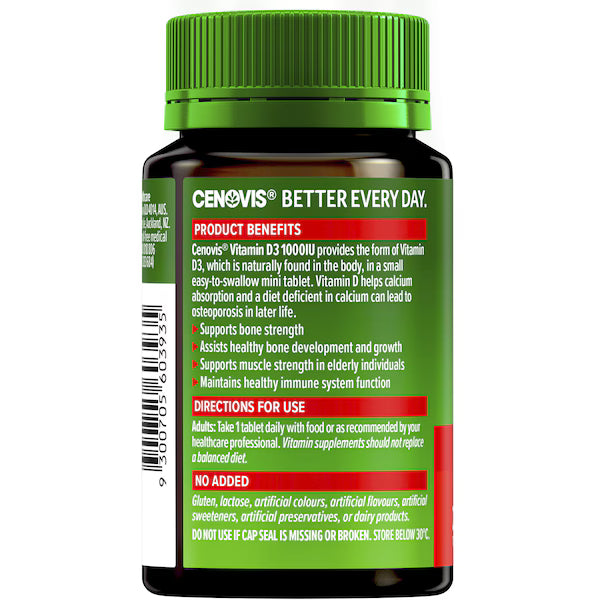 Cenovis Vitamin D 1000IU Tablets D3 for Bone Health 200 Pack bottle — vitamin D supplement for strong bones, immune support, and calcium absorption.