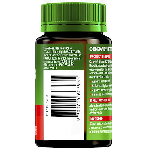 Cenovis Vitamin D 1000IU Tablets D3 for Bone Health 200 Pack bottle — vitamin D supplement for strong bones, immune support, and calcium absorption.