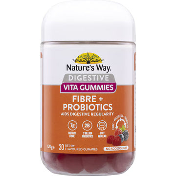 Nature's Way Fibre + Probiotics Digestive Vita Gummies, berry flavoured, 30 pack bottle, dietary supplement for gut health and digestion.