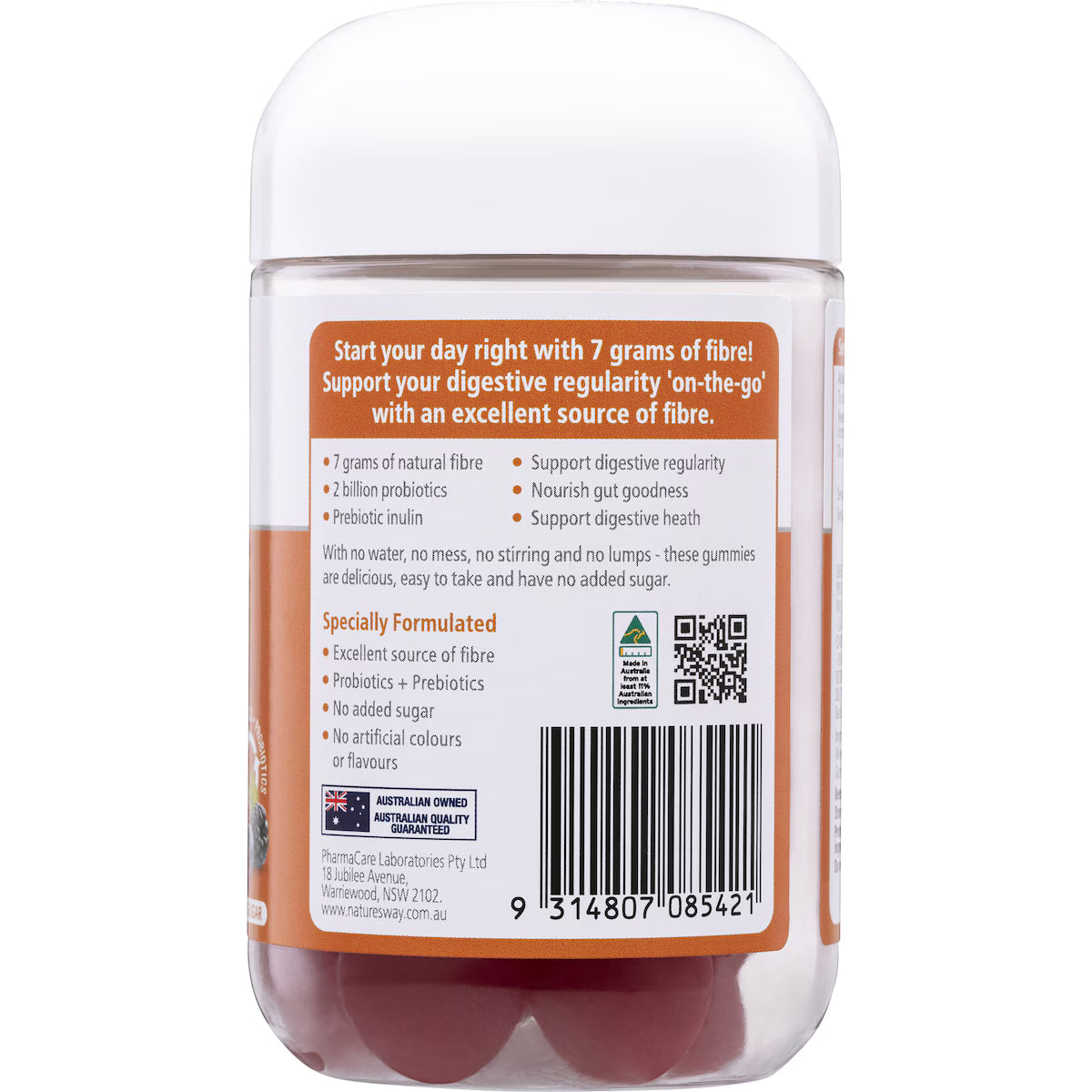 Nature's Way Fibre + Probiotics Digestive Vita Gummies, berry flavoured, 30 pack bottle, dietary supplement for gut health and digestion.