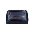 LeatherLuxe navy blue leather clutch bag and shoulder crossbody handbag for women – elegant, premium genuine leather design with adjustable strap and gold accents.