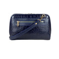 LeatherLuxe navy blue leather clutch bag and shoulder crossbody handbag for women – elegant, premium genuine leather design with adjustable strap and gold accents.