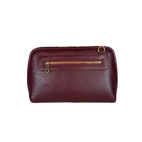 LeatherLuxe dark red genuine leather clutch bag with detachable crossbody and shoulder strap, premium women’s evening purse with gold hardware