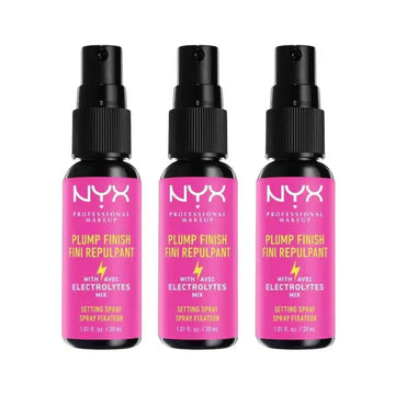 Three bottles of NYX Plump Finish Setting Spray on a white background