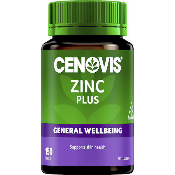 Cenovis Zinc Plus Tablets 150 pack for general wellbeing and skin health – dietary supplement bottle on white background
