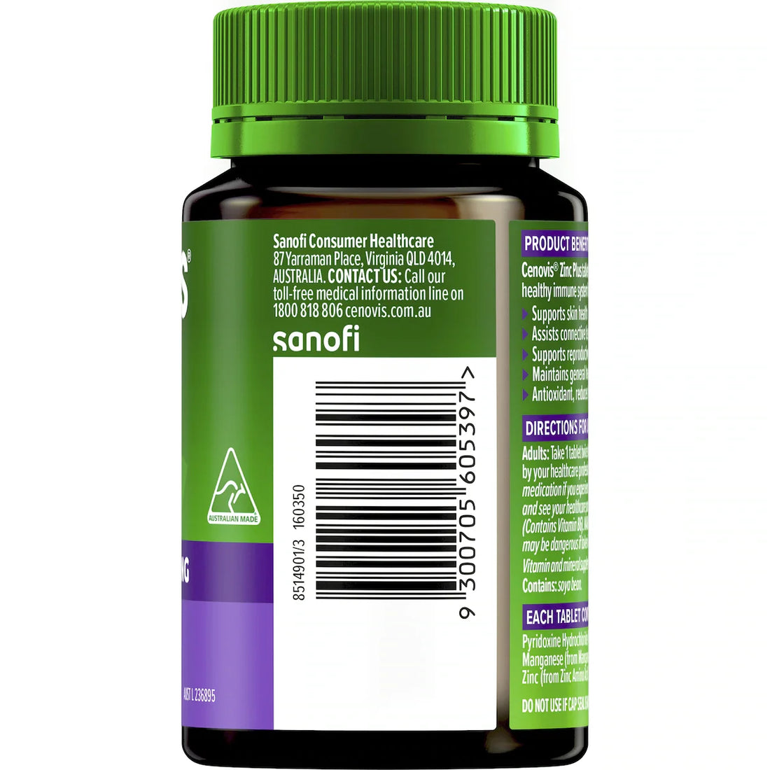 Cenovis Zinc Plus Tablets 150 pack for general wellbeing and skin health – dietary supplement bottle on white background