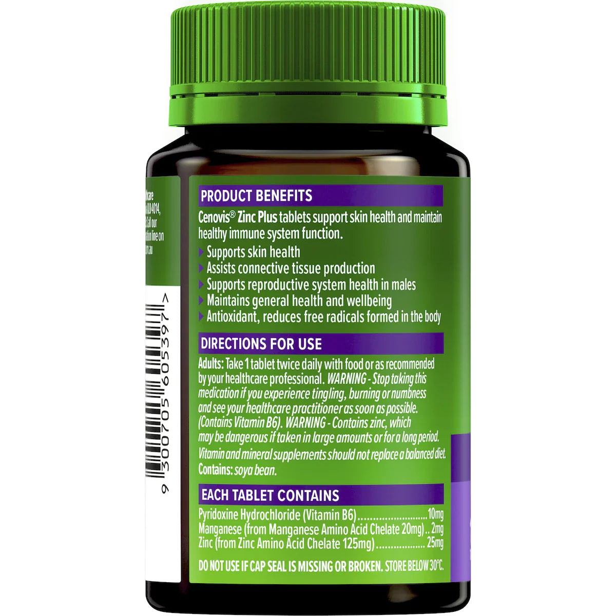 Cenovis Zinc Plus Tablets 150 pack for general wellbeing and skin health – dietary supplement bottle on white background